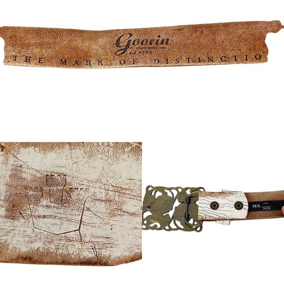 White Distressed Leather Belt with Boho Brass Floral Buckle by Goorin, Size M/L - Picture 5 of 8